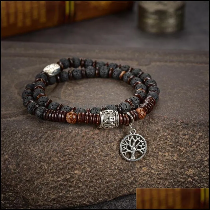 Black Natural Stone Beads Volcanic Lava Rock Anion Yoga Jewelry Women`s Bracelet Gift Tibetan Buddha Bangle Chakra Y1022 Beaded,