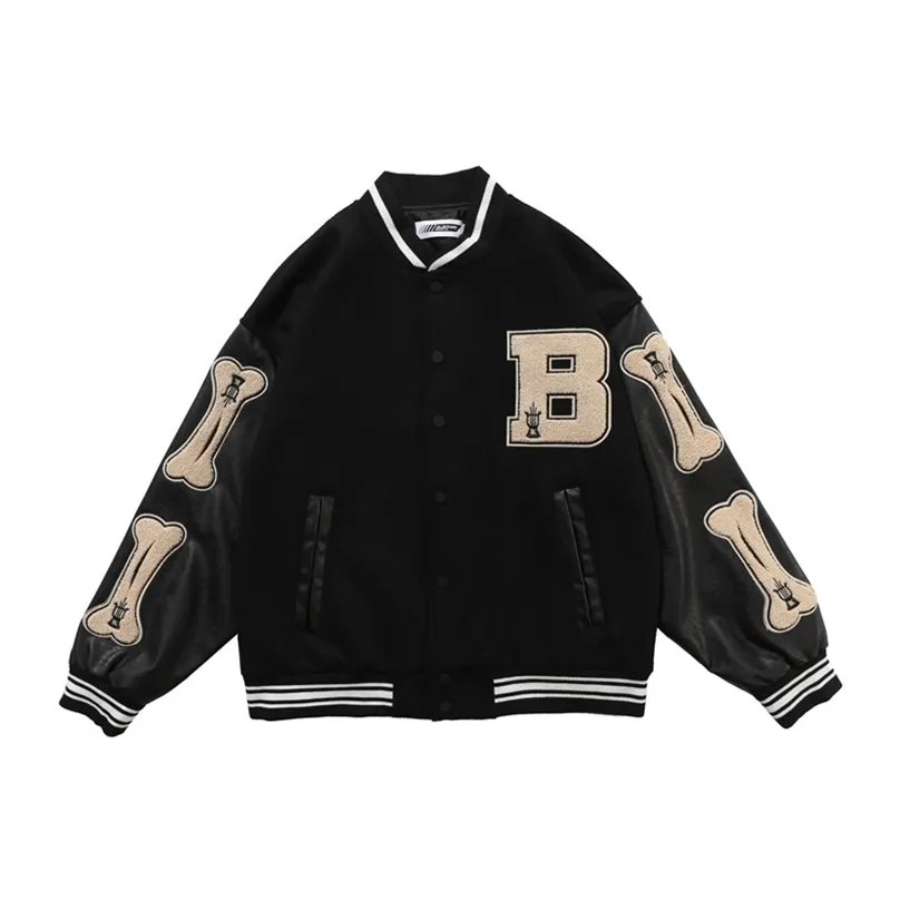 Hip Hop Baseball Jacket Men Furry Bone Letter Patch Color Leather Sleeve College Style Streetwear Harajuku Bomber Coat 211217