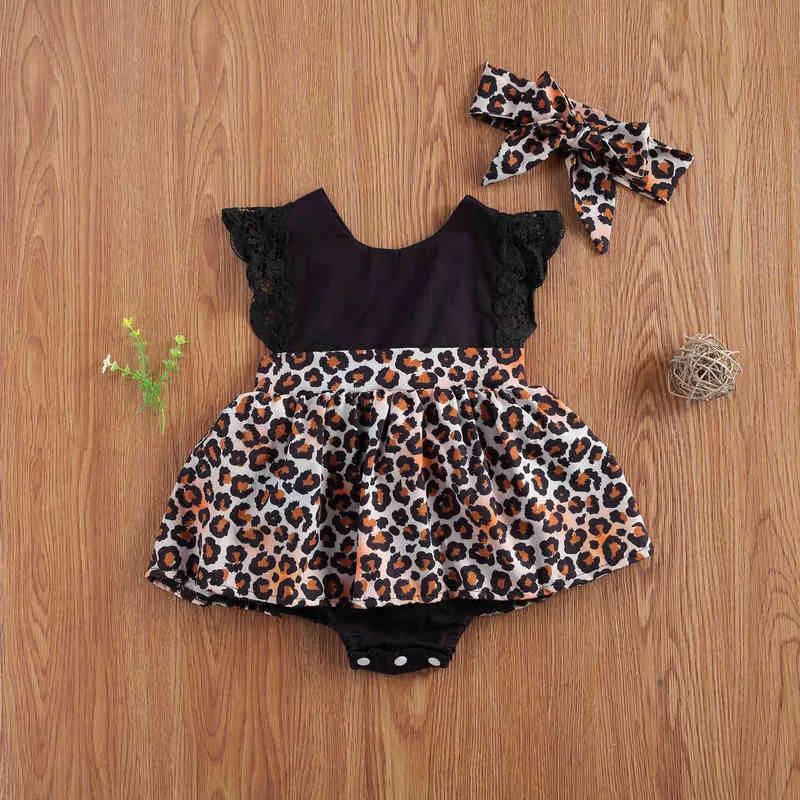 Pudcoco nyfödd baby flicka kläder splicing leopard print o-neck backless spets ruffle romper jumpsuit huvudband 2pcs outfits set g1221