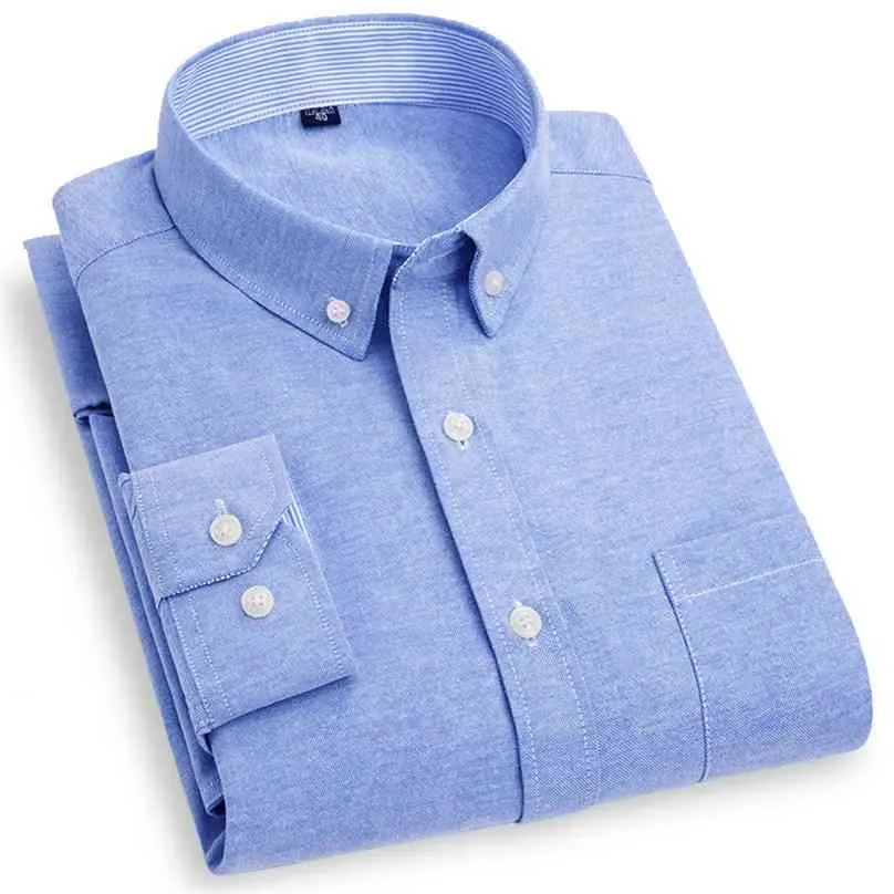 Męska Oxford Casual Shirt Button-Down Collar Długie Rękaw Work Solid Color Wysokiej Jakości Soft Regular Fit Grube Wypoczynek 210626