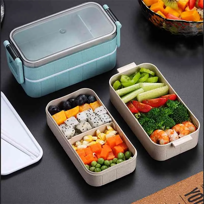 Meal Prep Multi-layer Portable Lunch Box Healthy Wheat Straw Picnic Bento Food Storage Container Student Camping Lunchbox 210423