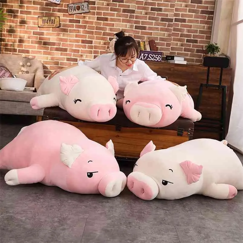 110 cm Giant Piggy Doll Pink White Lying Sleepy Plush Animal Toy Ultra Soft Squishy Down Cotton Farcito Regalo per bambini 210724