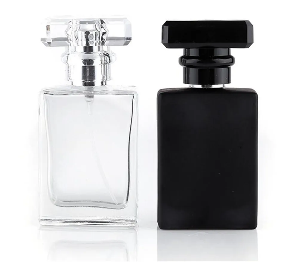 Vente en gros 30 ml / 1 oz. Bouteille de parfum noire transparente vide, bouteilles d'atomiseur en verre vides carrées portables avec applicateur de pulvérisation