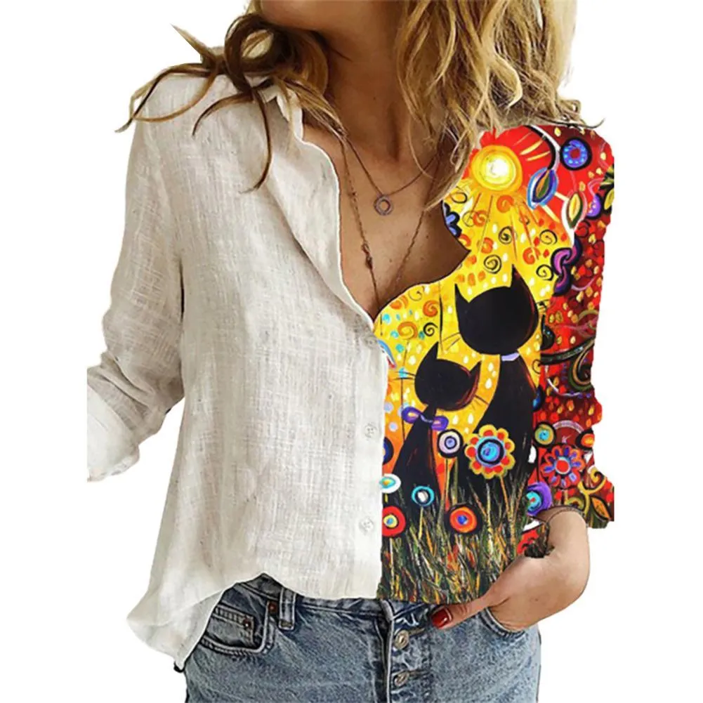 Мода женские кнопки с длинным рукавом подсолнечника кошки лоскутное блузки офисные рубашки женщины одежда ROPA de mujer 2020 x0521