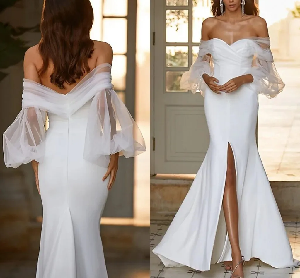 Robe de mariée sirène fendue sexy, épaules dénudées, manches bouffantes, en satin et tulle, sur mesure, 2022