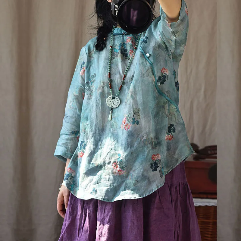 Johnature vintage ramie stampa stile cinese camicie da donna in lino allentato lenzuola collare estate top di nove quarti manica camicie 210521