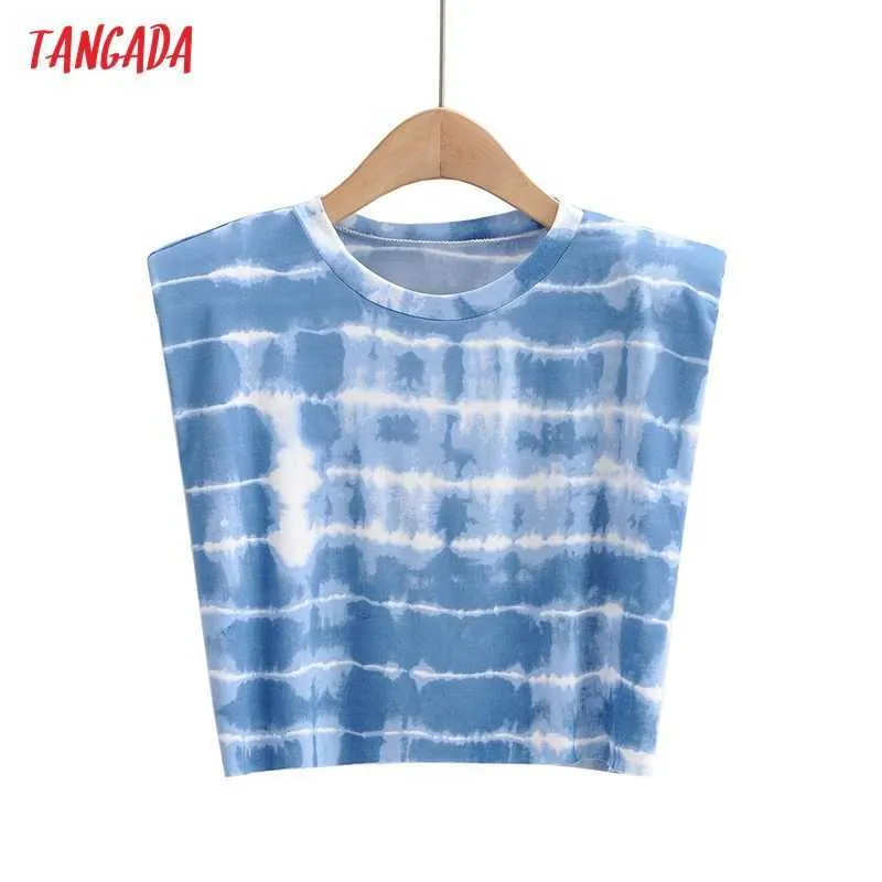 Tangada Kvinnor Sommar Tie Dyed Shoulder Pad T Shirt Ärmlös O Neck Tees Ladies Casual Tee Shirt Street Wear Top 4p94 210609