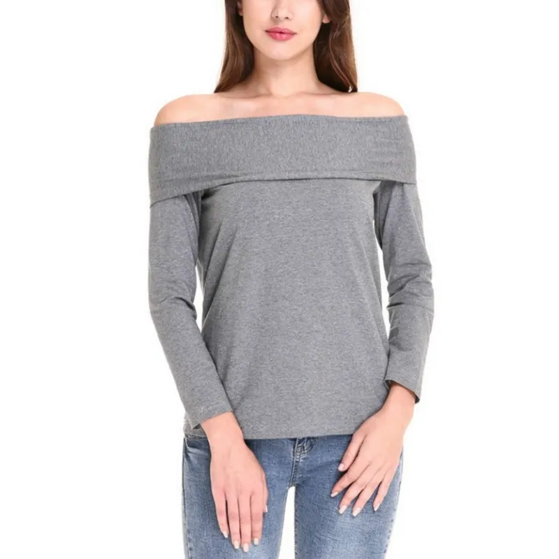 Female Off Shoulder Tee Shirts Cotton Long Sleeve Ladies Sexy Chic Fashion Solid Gray Color Tops Blouses XXL Spring Autumn 210527