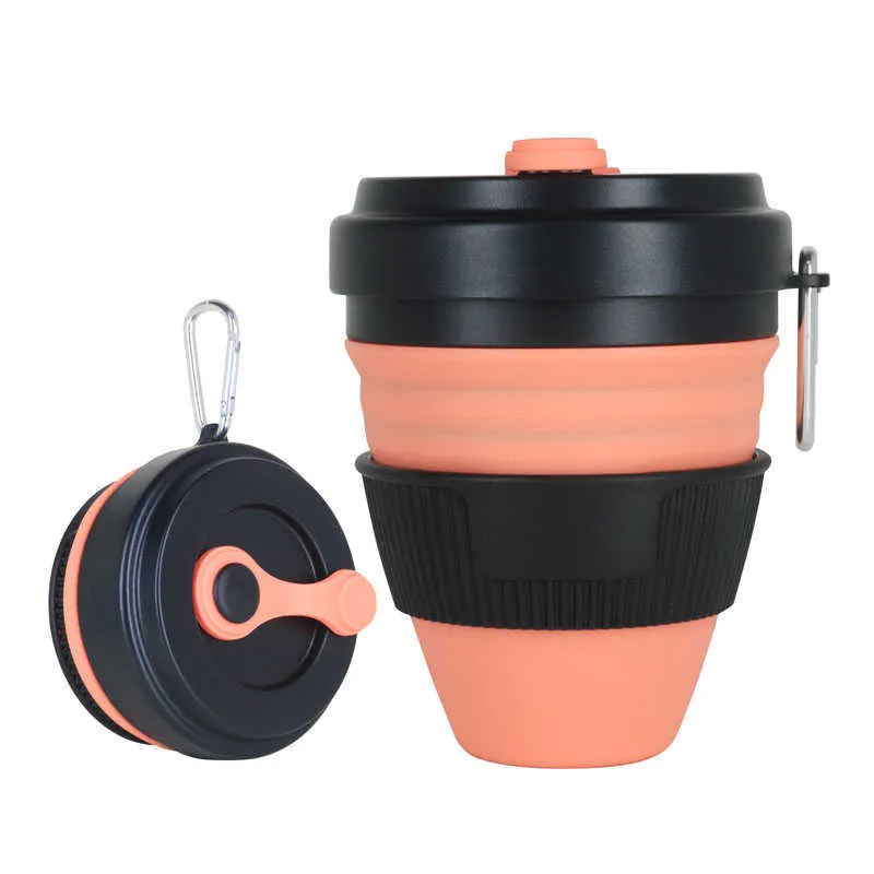 450 ml Tragbare Falten Silikon Wasser Tasse Tassen Teleskop Outdoor Reise Kaffeetassen Flasche Zusammenklappbare Tee Becher Handcup mit Deckel 210611