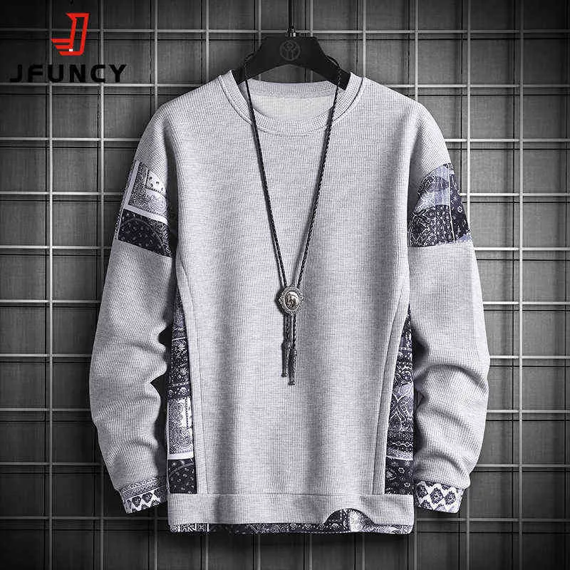 Jfuncy Höst Harajuku Sweatshirt för män Oversized Fake 2 Piece Hoodies Korean O-Neck Man Streetwear Man Mode Kläder 211217