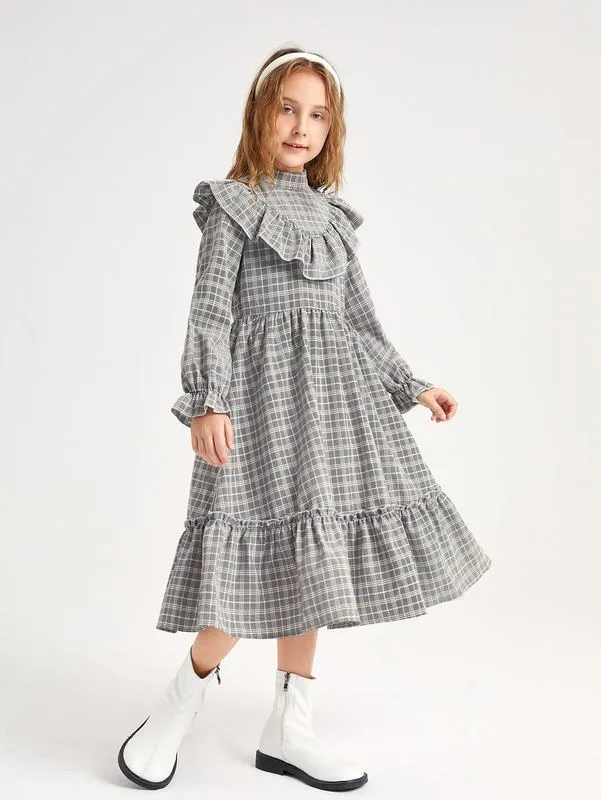 Girls Plaid Print Ruffle Trim Flounce Sleeve Dress SHE