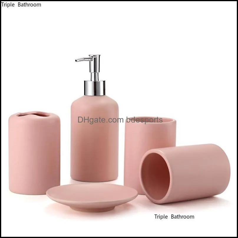 Bath Accessory Set European Style Wash Supplies Ceramics Pink Gargle Cup Toothbrush Holder Soap Dispenser Dish Home Bathroom Five