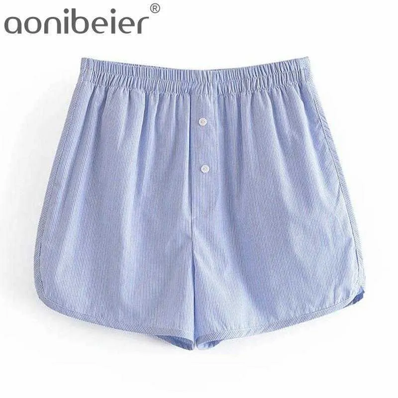 Nadelstreifen-Böden Sommer Mode Knopf vorne elastische hohe Taille Frauen beiläufige lose Shorts weiblich gestreift 210604