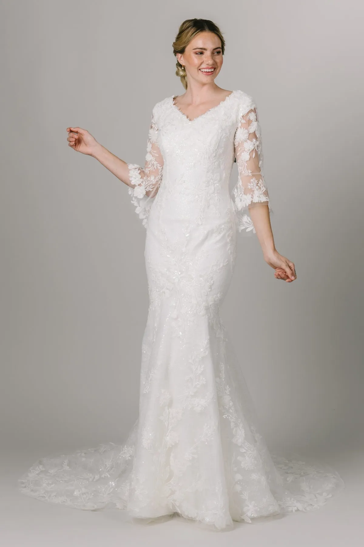 Lace Mermaid Modest Wedding Dress with Bell Sleeves and Covered Button Back  in Ivory from Dhgate Mermaid Wedding Dresses - price 162.95