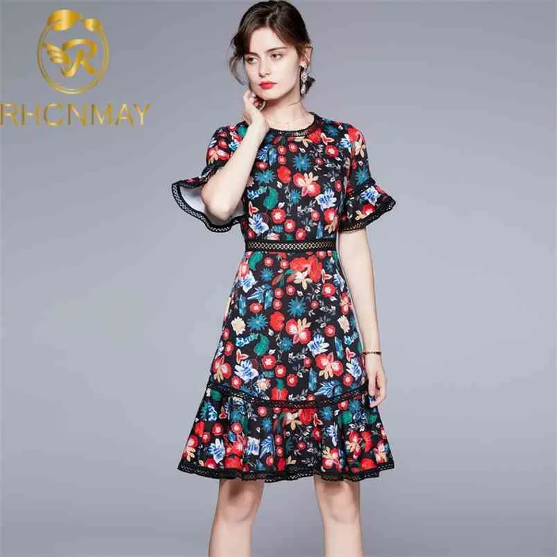 est Fashion Designer Dress Summer Women Colorful Flower Print Flare Sleeve Slim Fitted Party Sexy Mermaid Club 210506