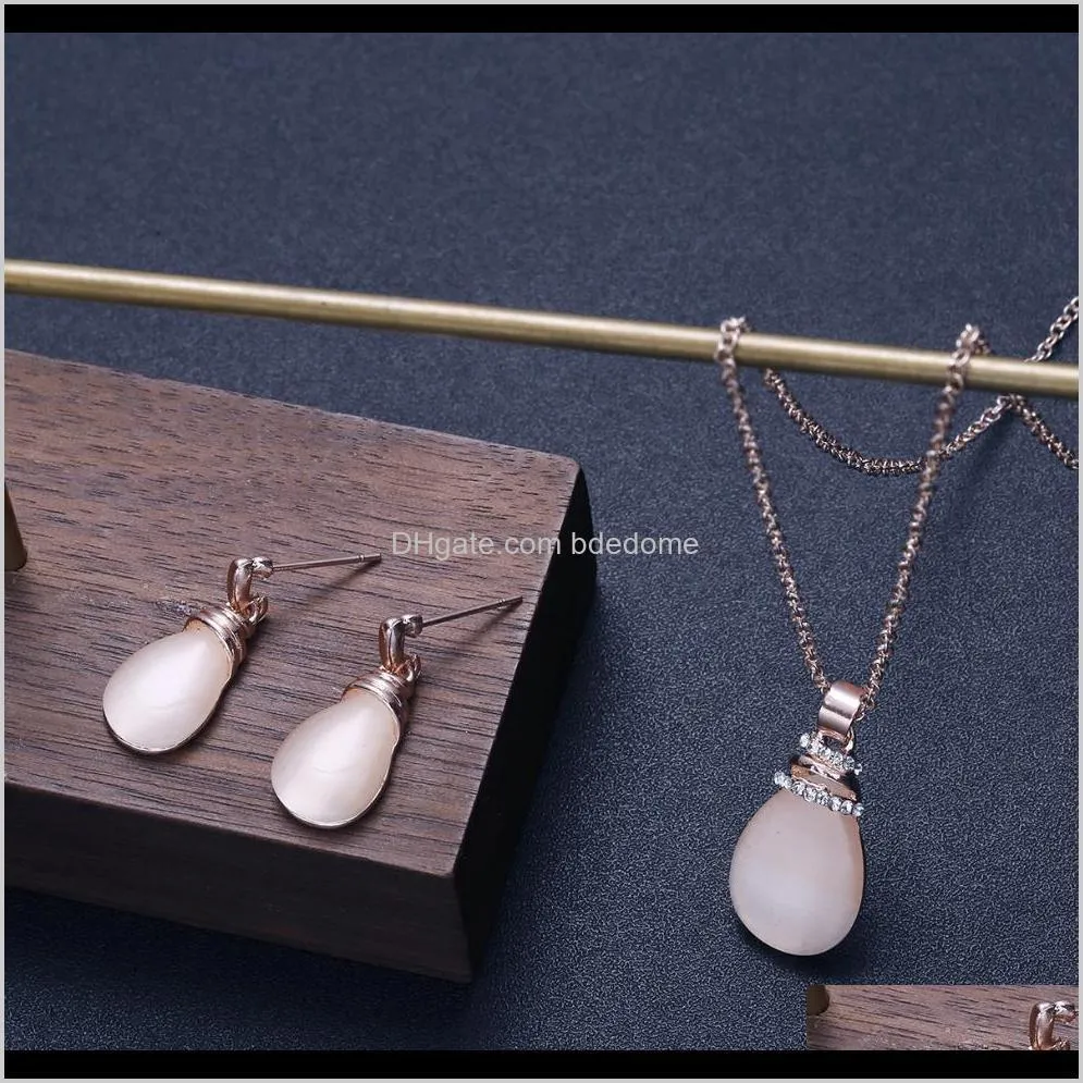 jewelry sets earring necklace wate-drop round pink stone pendant pasted knot earring gold color plated metal chain