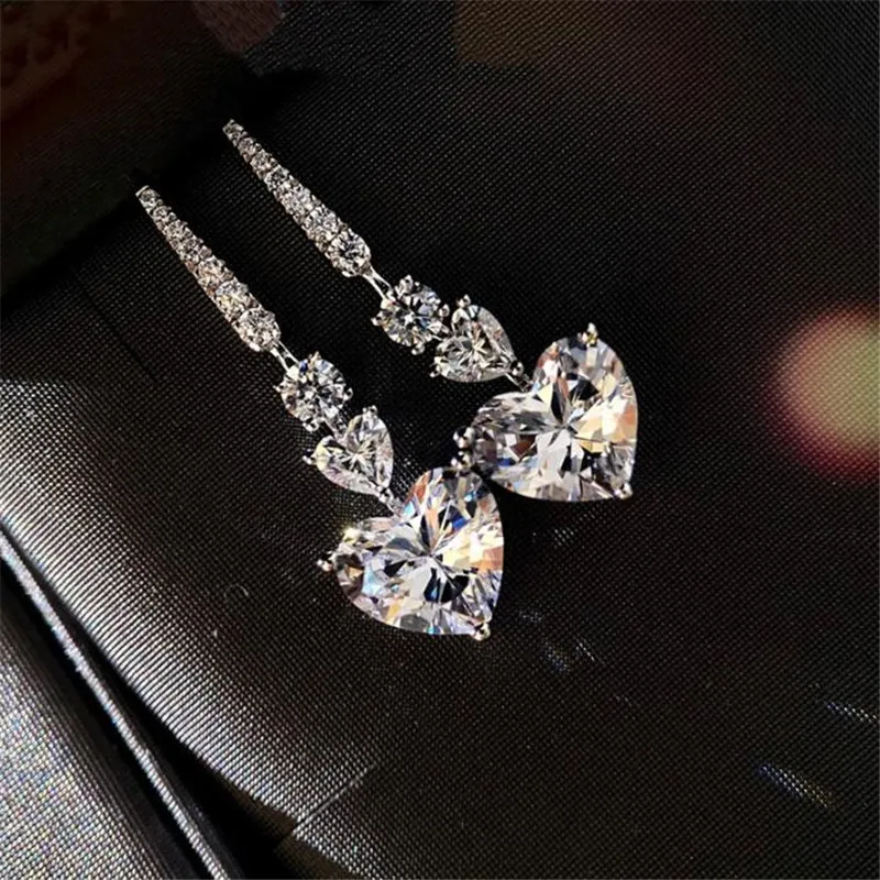 Zestaw biżuterii ślubnej marki Choucong luksusowy oszałamiający kształt serca biały topaz CZ diamentowe kamienie wieczność dynda kolczyk kobiety naszyjnik na obojczyk dla kochanka prezent