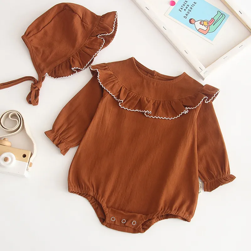 Baby Clothes Girls Lotus Leaf Collar Romper Spring Autumn Long Sleeve Girl Rompers And Hat Jumpsuit 210429