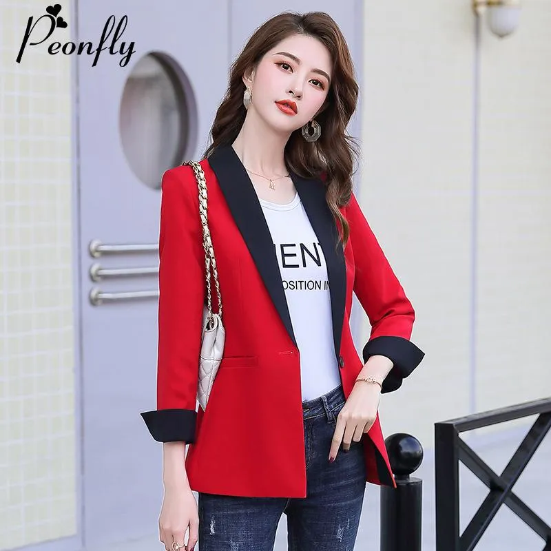 Women's Suits & Blazers PEONFLY Spring Slim Women Formal Office Work Single Button Notched Patchwork Ladies Coat Fashion Blazer Feminino Red