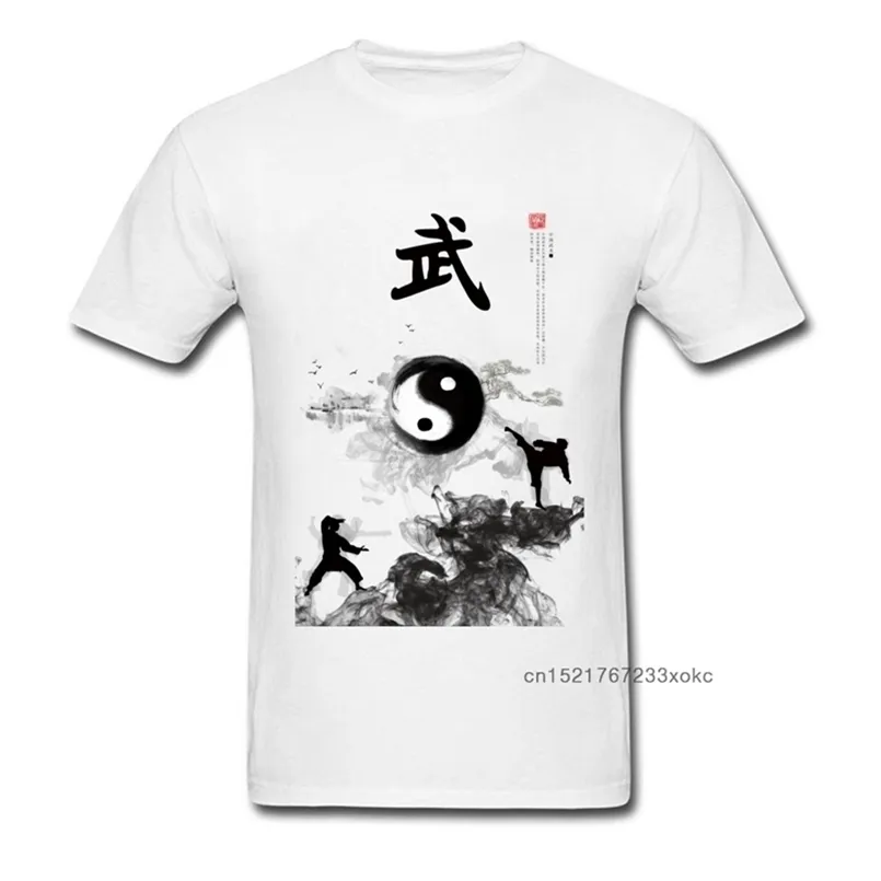 Yin Yang Kung Fu Çin Geleneksel Su Mürekkep Boyama Erkekler Beyaz T-shirt Kısa Kollu Pamuklu T Gömlek Benzersiz Tasarım 210716