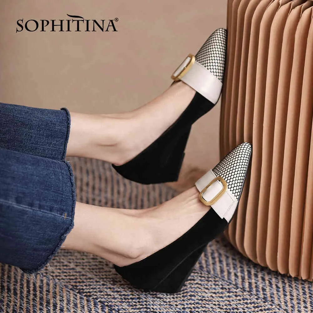 Sophitina Wedges Mulheres Shoes Bombas Estilo Maduro Couro Genuíno Salto Alto Decoração Metal Primavera Suave Outono Ponto Ponto FO119 210513