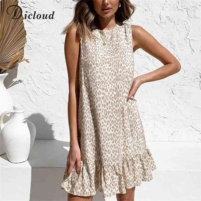 Dicloud婦人夏のドレスヒョウ印刷ホワイトサンドレスカジュアルビーチノースリーブフリルライト女性服210630