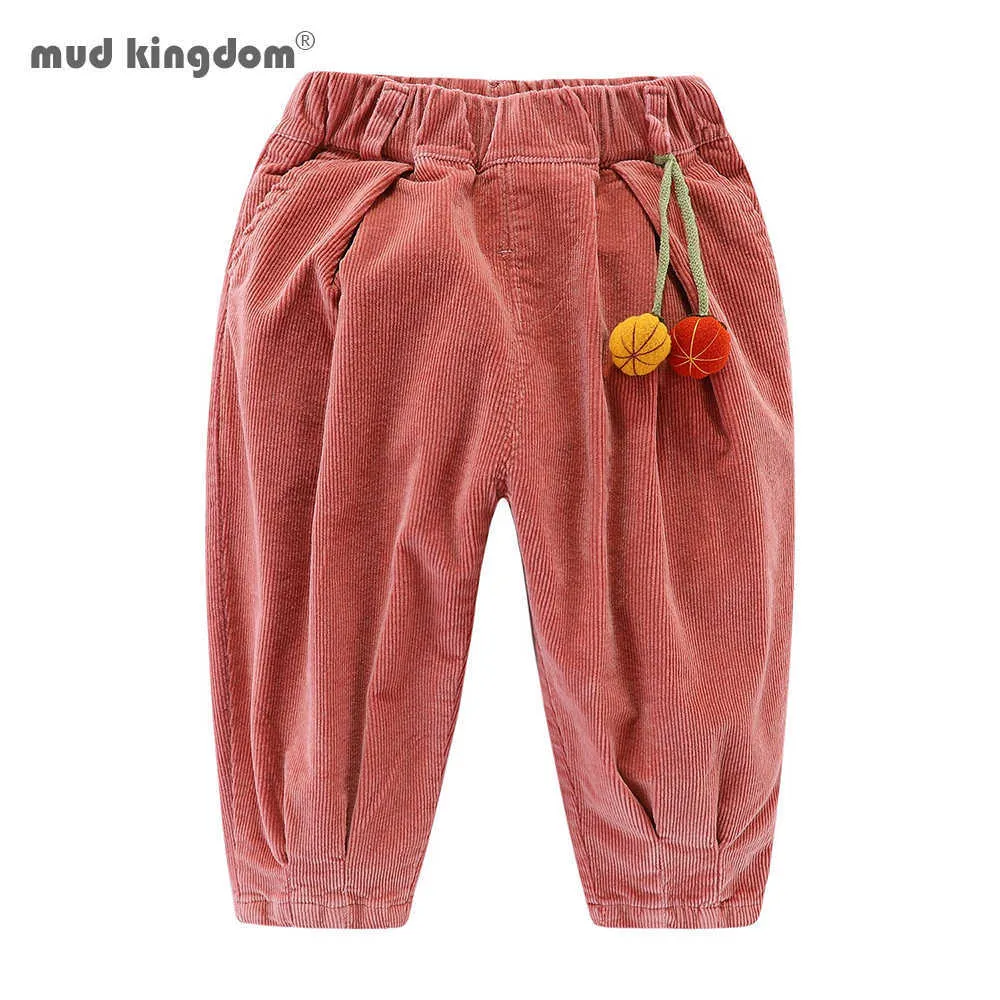 Mudkingdom bébé filles pantalons en velours côtelé Jogger est livré avec pendentif citrouille en peluche solide doux taille élastique Harem 210615