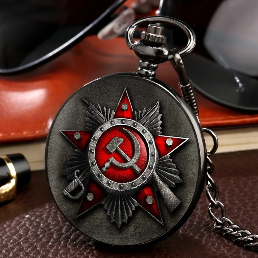 Retro CCCP Ryssland Sovjetunionen Ryska Flagg Hammer Badges Sickle Pocket Watch Hook Design Sovjetun Halsbandskedja Gåva för män Kvinnor