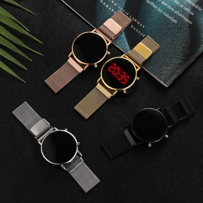 Wristwatches 2022 Luxury Rose Gold Digital Red LED Dial Watches For Women Stainless Steel Belt Quartz Watch Ladies Magnet Clock Drop Ship