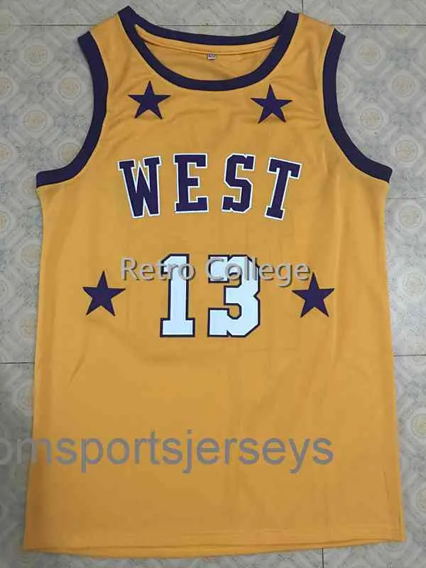 # 13 Wilt Chamberlain 1972 Maglia da basket retrò gialla All Star West Cucita Personalizzata Qualsiasi numero Nome maglie