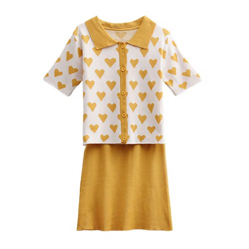 PERHAPS U Women Set Knitted O Neck Two Pieces Short Sleeve Skirt Heart Print Yellow Purple T0242 210529