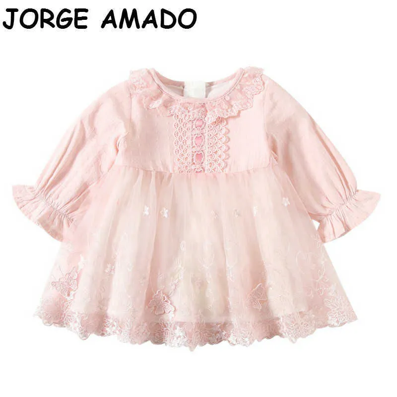Fall klänning rosa spets baby flicka långärmad prinsessa barnkläder 1-4t e9567 210610