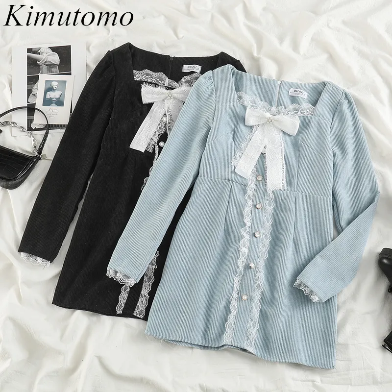 Kimutomo Vintage French Style Knitted Dresses Women Lace Patchwork Square Collar Long Sleeve Bow Single Breasted Mini Vestidos 210521