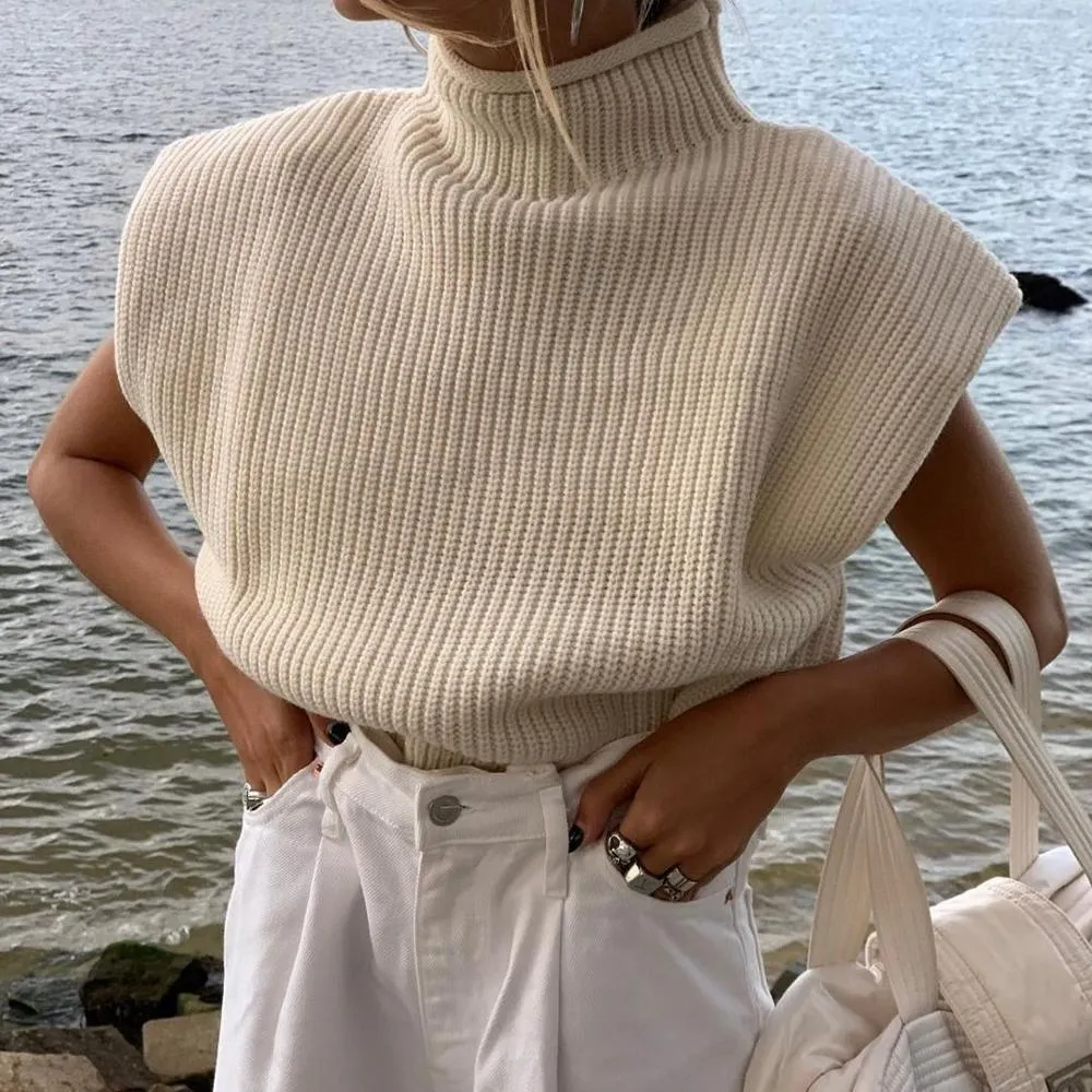 Zimowa Jesień Moda Casual Turtleneck Dzianiny Kobiety Sweter Kamizelka Top Podstawowy Jumper Z Podkładkami Ramski Kobiet Sweter Bez Rękawów 210521