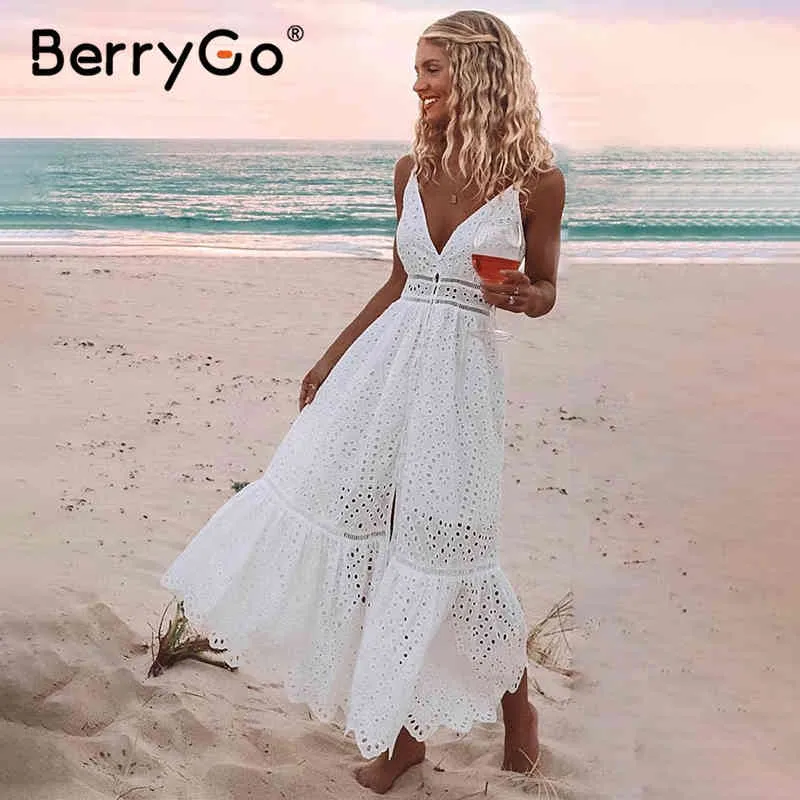 BerryGo White pearls sexy women summer dress Hollow out embroidery maxi cotton dresses Evening party long ladies vestidos 210322
