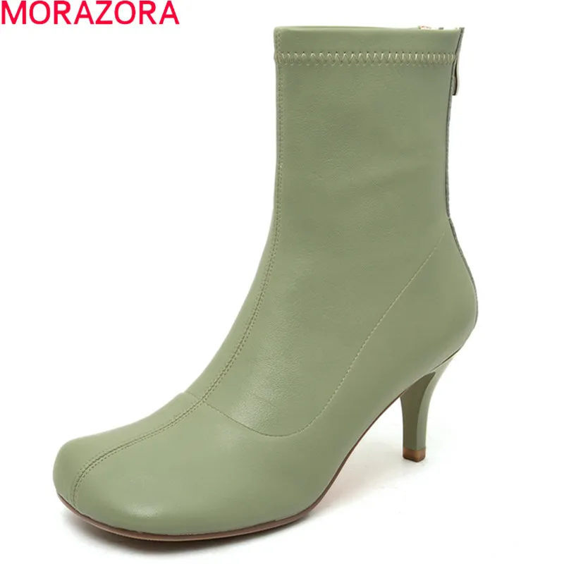 Morazora Ankomst Ankel Boots Äkta läder Stövlar Fashion Square Toe High Heels Ladies Shoes Women Boots 210506