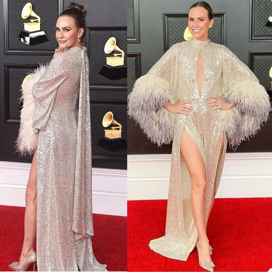 Silver Glitter Prom Dress Chic Feather Long Sleeves Sexy Side Split Evening Dresses Sweep Train Custom Made Robe De Soiree Red Carpet Gown