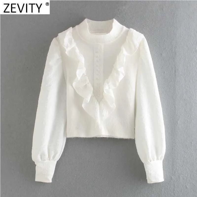 Zevity Women Sweet Ruffles Patchwork Biały Sweter Knittal Sweter Kobiet Chic Puff Sleeve Przyciski Casual Slim Sweters Topy S545 210603