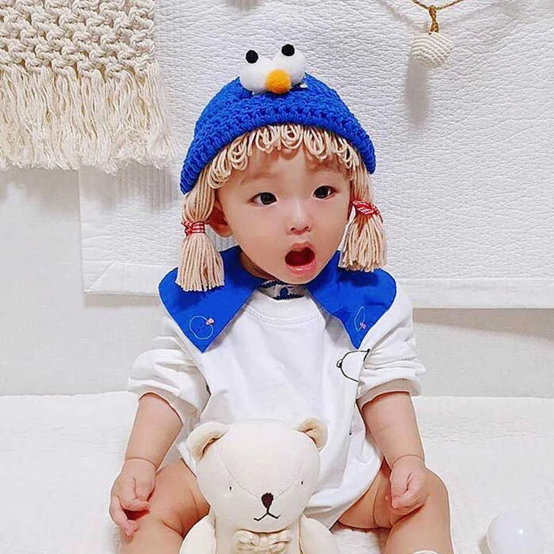 Arrivals Children Baby born Hat Hair Pigtail Braid Wig Cap Cute Big Eyes Winter Warm Knitted Infant Kids Hats Caps 210713