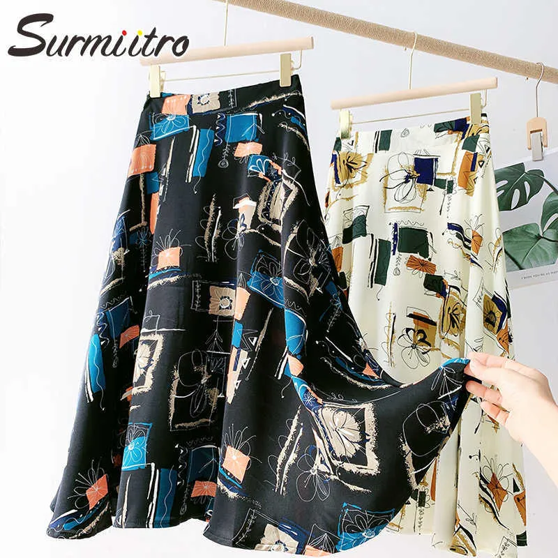 Surmiitro мода ручной роспись лета MIDI длинные юбка женщины корейский стиль шифон средняя длина высокая талия линия юбка линии женщины 210712