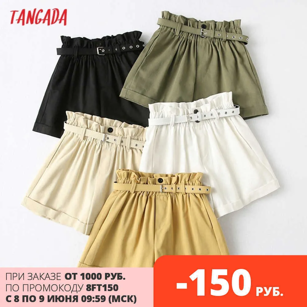 Tangada Donne Eleganti Pantaloncini in vita alta solida con tasche della cinghia femminile retrò pantaloncini casual di base Pantalones YU24 210609