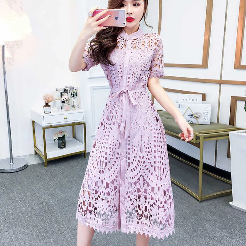 Korean-Single-Breasted-Lace-Dress-Sexy-Hollow-out-Stand-Neck-Long-Sleeve-Midi-Dresses-Belt-Slim