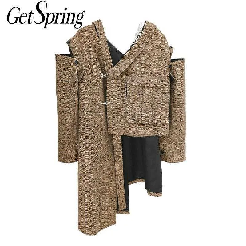 Getspring mulheres casaco de lã asimetria v-decote buraco inverno irregular vintage casual casual lã sobretudo 210601