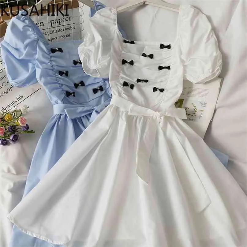 Sweet Bowknot Folds Dresses for Women Puff Sleeve Square Collar Dress Bandage Slim Waist A-line Vestidos De Mujer 6H861 210603