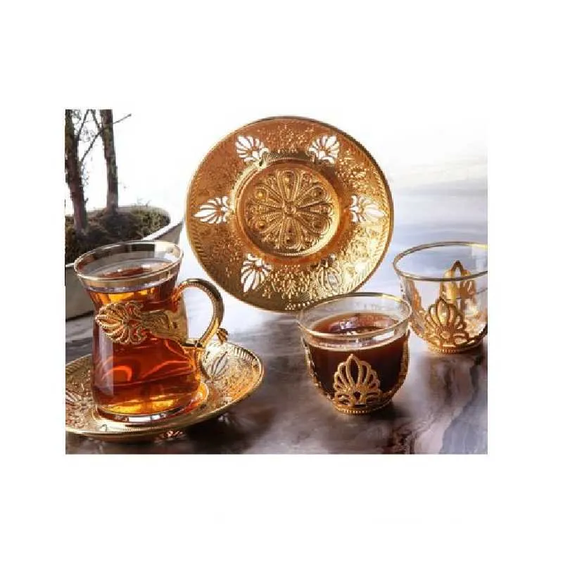 6 커피 컵의 터키어 정통 아랍어 에스프레소 구리 차 유리 세트