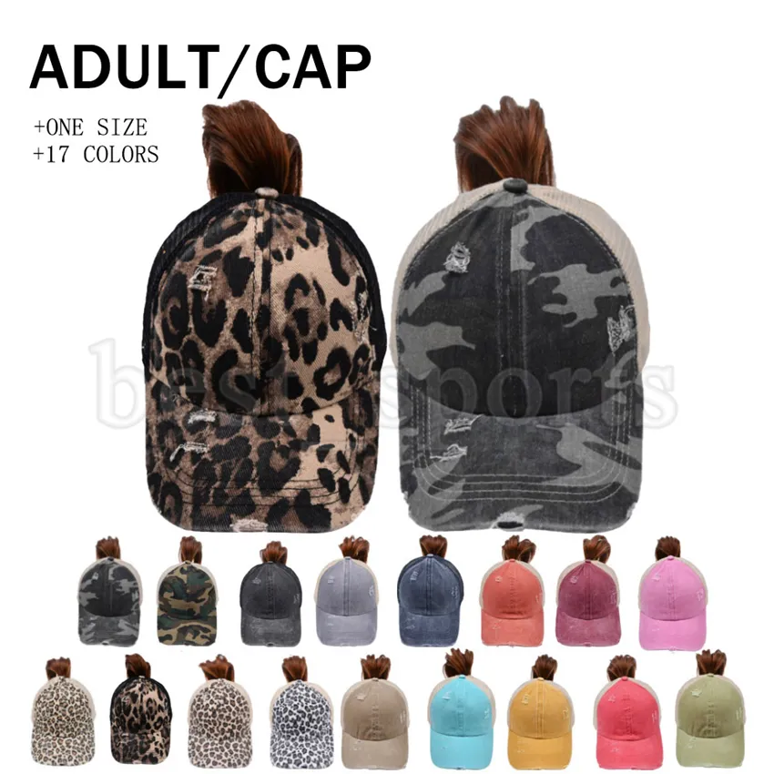 Criss Cross Ponytail Baseball Kepsar Kvinna Tvättade Distressed Messy Bullar Pony CAPS Leopard Camo Trucker Mesh Kepsar Cyz3393