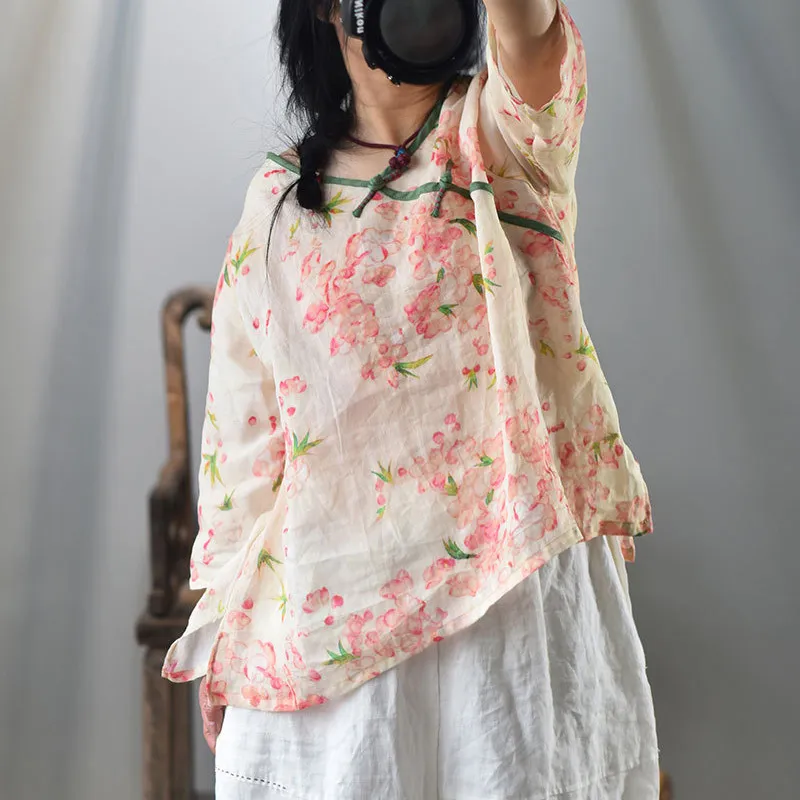 Johnature Frauen Vintage Ramie Shirts Chinesischen Stil Blusen Sommer V-ausschnitt Sieben Ärmel Drucken Floral Lose Frauen Shirts Tops 210521