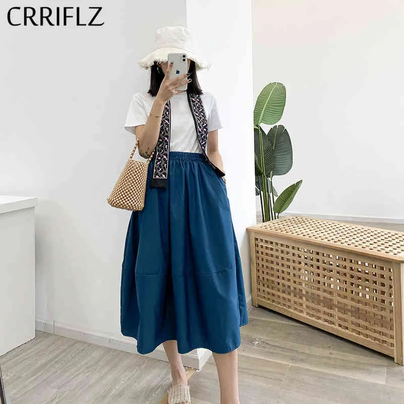 Summer Cotton Midi Skirt Women A-line Solid Casual High Waist Mid-calf CRRIFLZ 210520