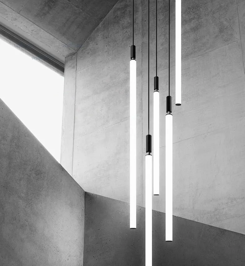 Minimalistisk LED Tube Pendellampa Aluminium Akryl Upphängningsljus Lounge Matbord Sängbord Kreativ hängbelysning