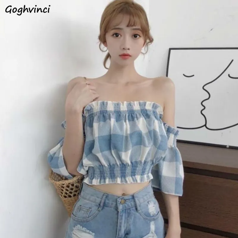 Skjortor Kvinnor Plaid Slash Neck Flare Sleeve Short Sexig Off Shoulder Ulzzang Trendy All-Match Soft Top Streetwear Chic Kvinnor Ny X0521